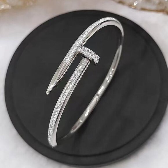 Stainless Steel Luxury Simulated Diamond Nail Bangle - Picture 1 of 2